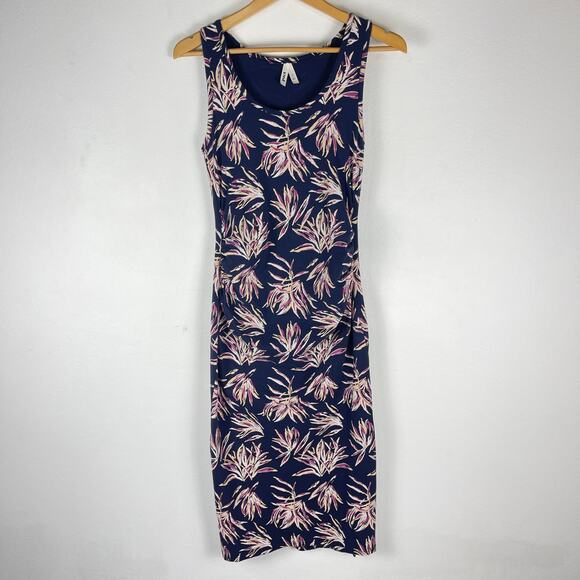 Pact Maternity Freesia Palms Ruched Tank Midi Dress Small Navy Blue Organic - Picture 2 of 11